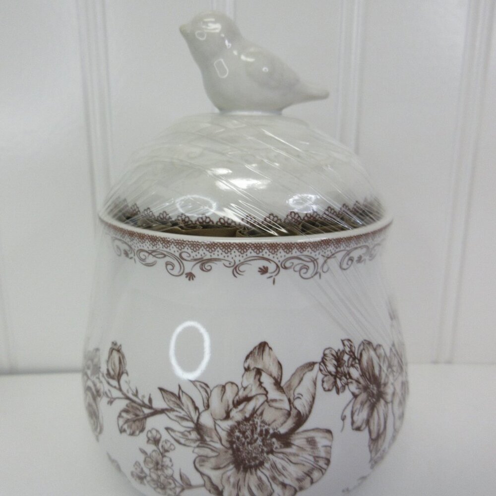 Pioneer Woman Agatha Bird Sugar Bowl W Lid Floral White Brown Stoneware New - Picture 6 of 12